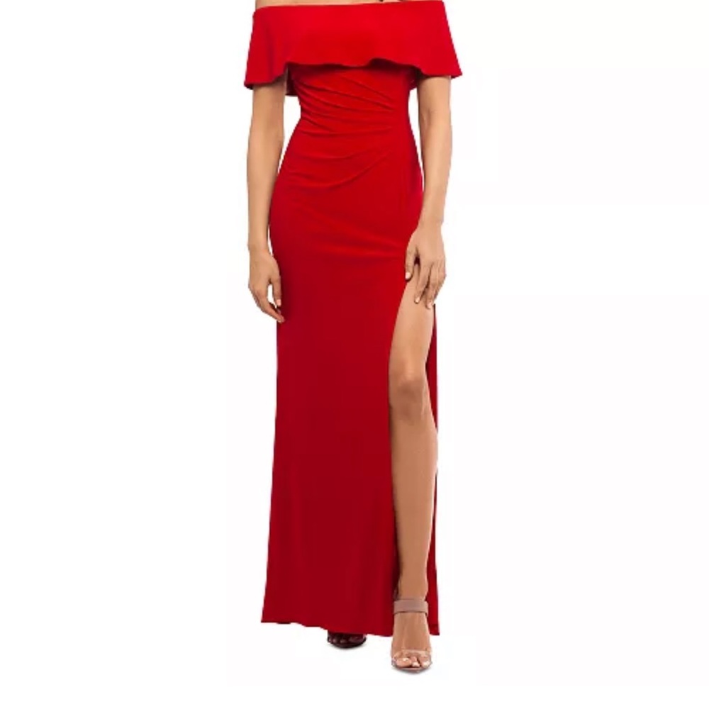 Macy's Red Asymmetrical Ruffled Maxi Gown